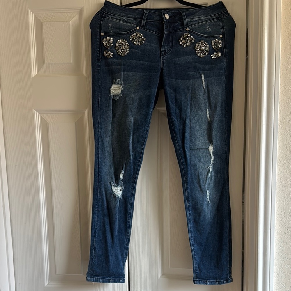 Bebe Blue Skinny Jeans with Floral Embroidery